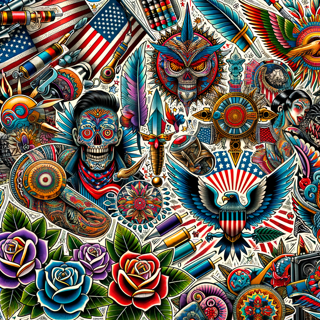 Vibrant collage of American Traditional Tattoo designs demonstrating their worldwide popularity, global tattoo trends, and the significant influence of American tattoos on traditional tattoos worldwide.