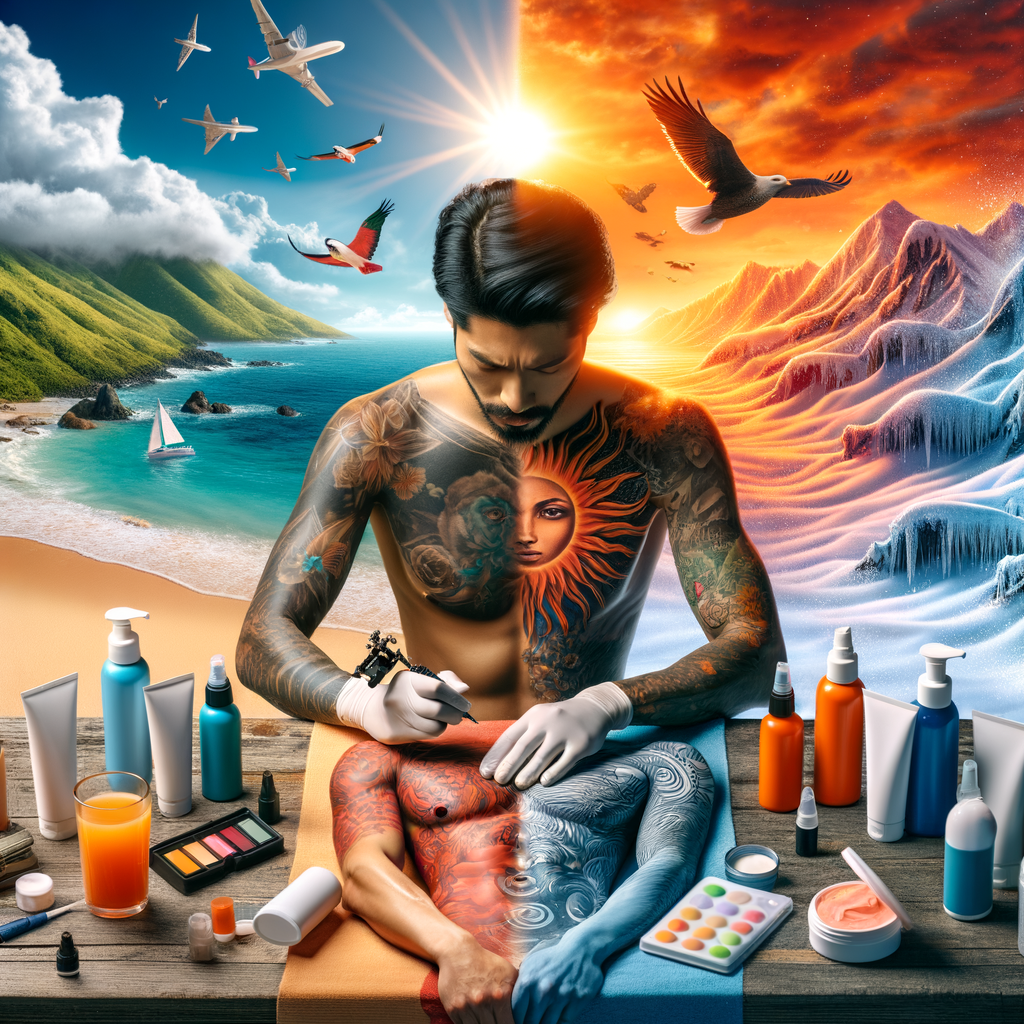 Tattoo artist applying tattoo aftercare products for tattoo care in hot and cold climates, highlighting the tattoo healing process, tattoo maintenance, and the importance of moisturizing and sun protection for tattoos' longevity in different climates.