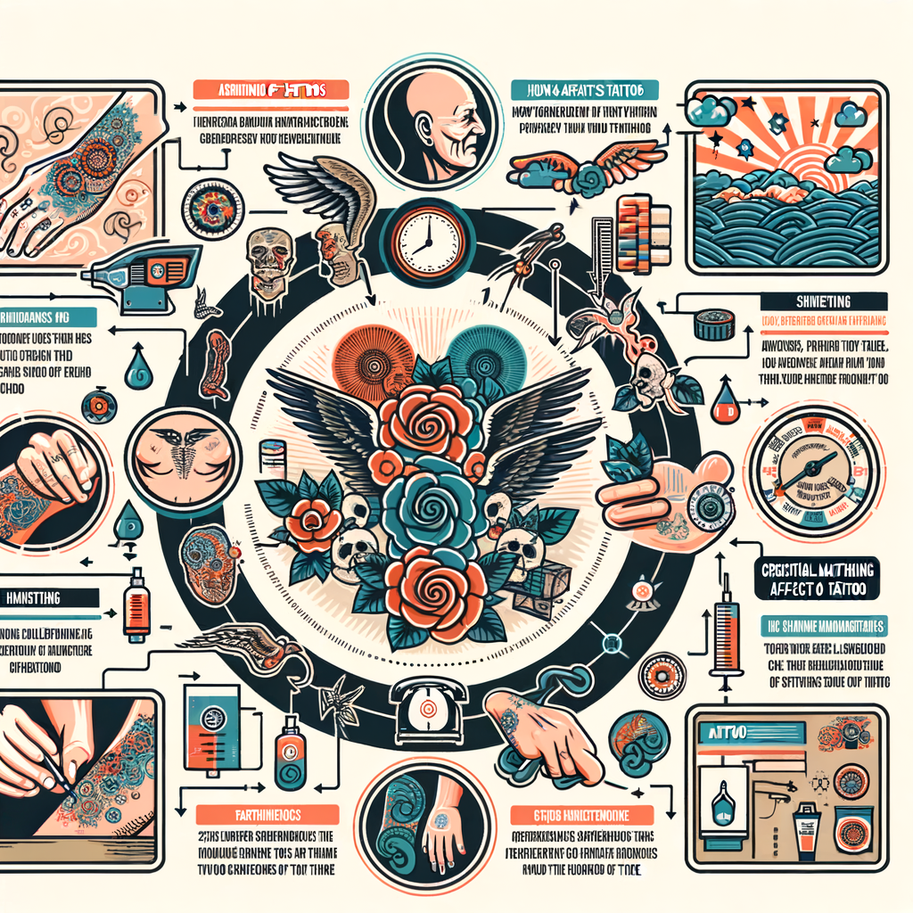 Infographic illustrating the tattoo aging process, showing the evolution and longevity of tattoos, impact of time on aging ink on skin, tattoo fading, and the importance of tattoo care and maintenance for extending tattoo lifespan.