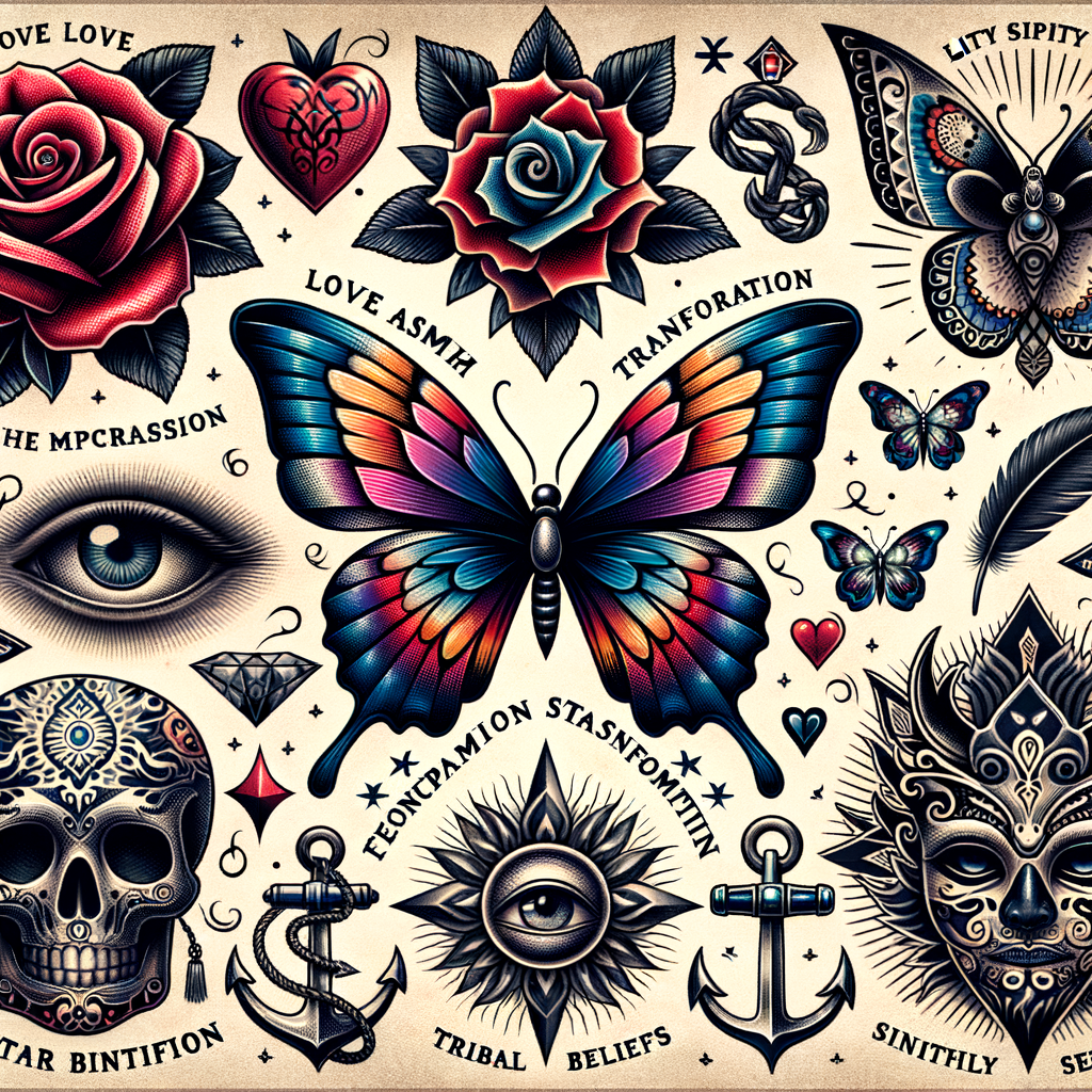 Collage of popular tattoo symbols like rose, skull, butterfly, anchor, and tribal patterns with descriptions, highlighting the understanding and interpretation of tattoo symbolism for a comprehensive tattoo symbolism guide.