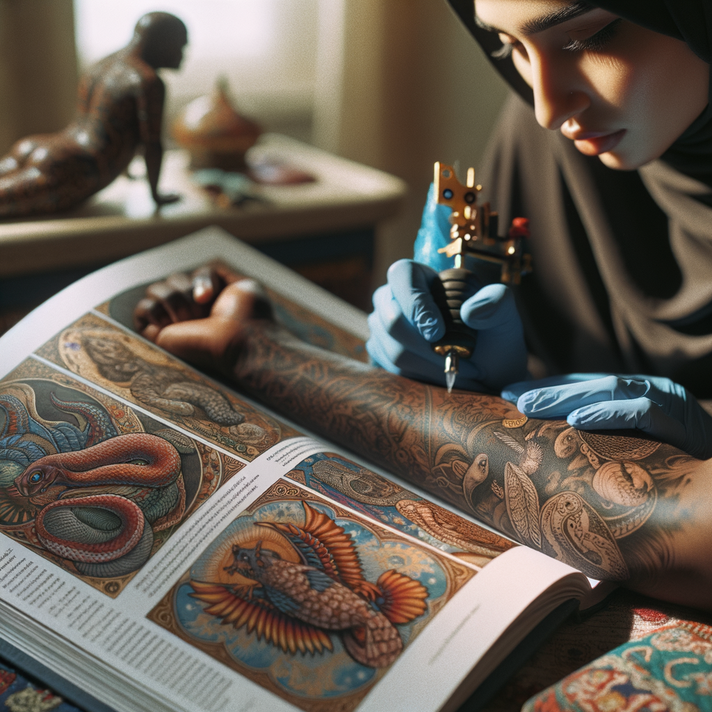 Open guidebook on table illustrating the significance of animal symbolism in tattoos, with a tattoo artist inking an animal design in the background.