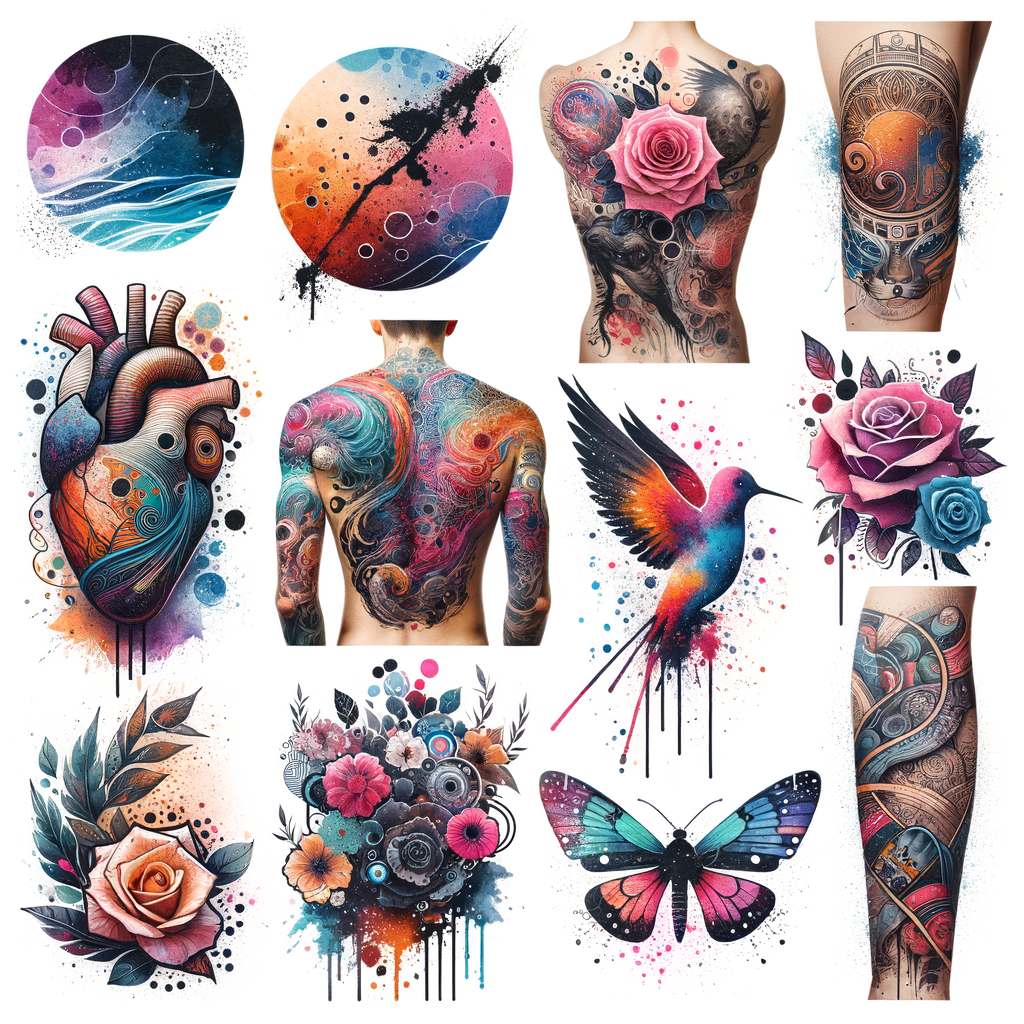 Vibrant display of diverse watercolor tattoos showcasing modern tattoo styles and techniques, illustrating the rise of watercolor tattoo trends in tattoo art styles.