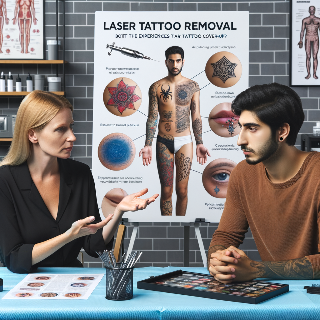 Tattoo artist providing tattoo regret solutions, discussing tattoo removal options and cover-up ideas for dealing with unwanted tattoos, with a background chart of laser tattoo removal procedures and solutions for tattoo mistakes.