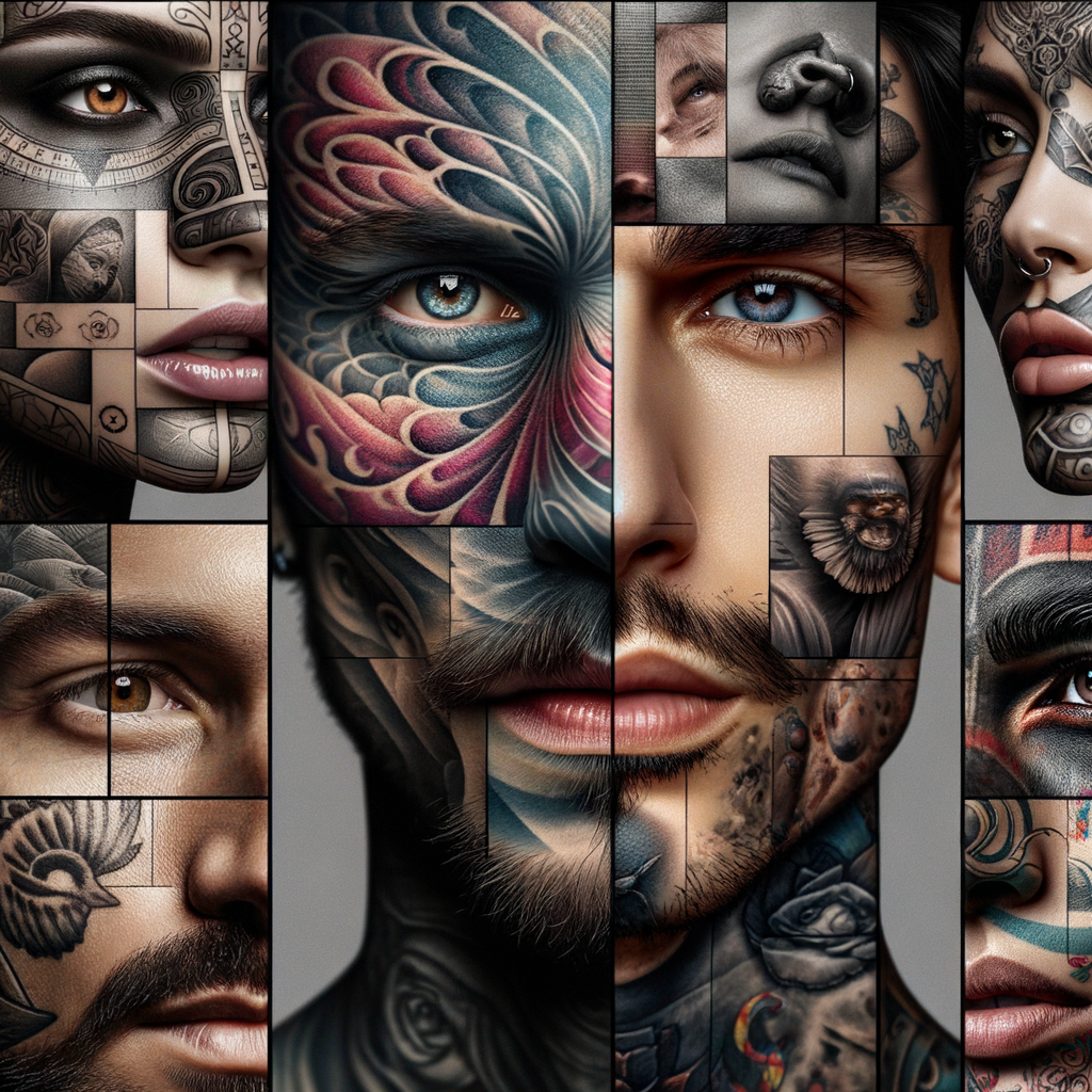 Collage illustrating the beauty and controversy of face tattoos, featuring celebrities, historical and cultural significance, fashion trends, designs, and tattoo removal process.