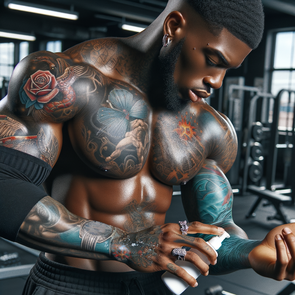 Athlete with vibrant tattoos on muscular arms applying tattoo care products post-workout in a gym, highlighting the importance of tattoo aftercare for athletes and the impact of fitness on tattoos.