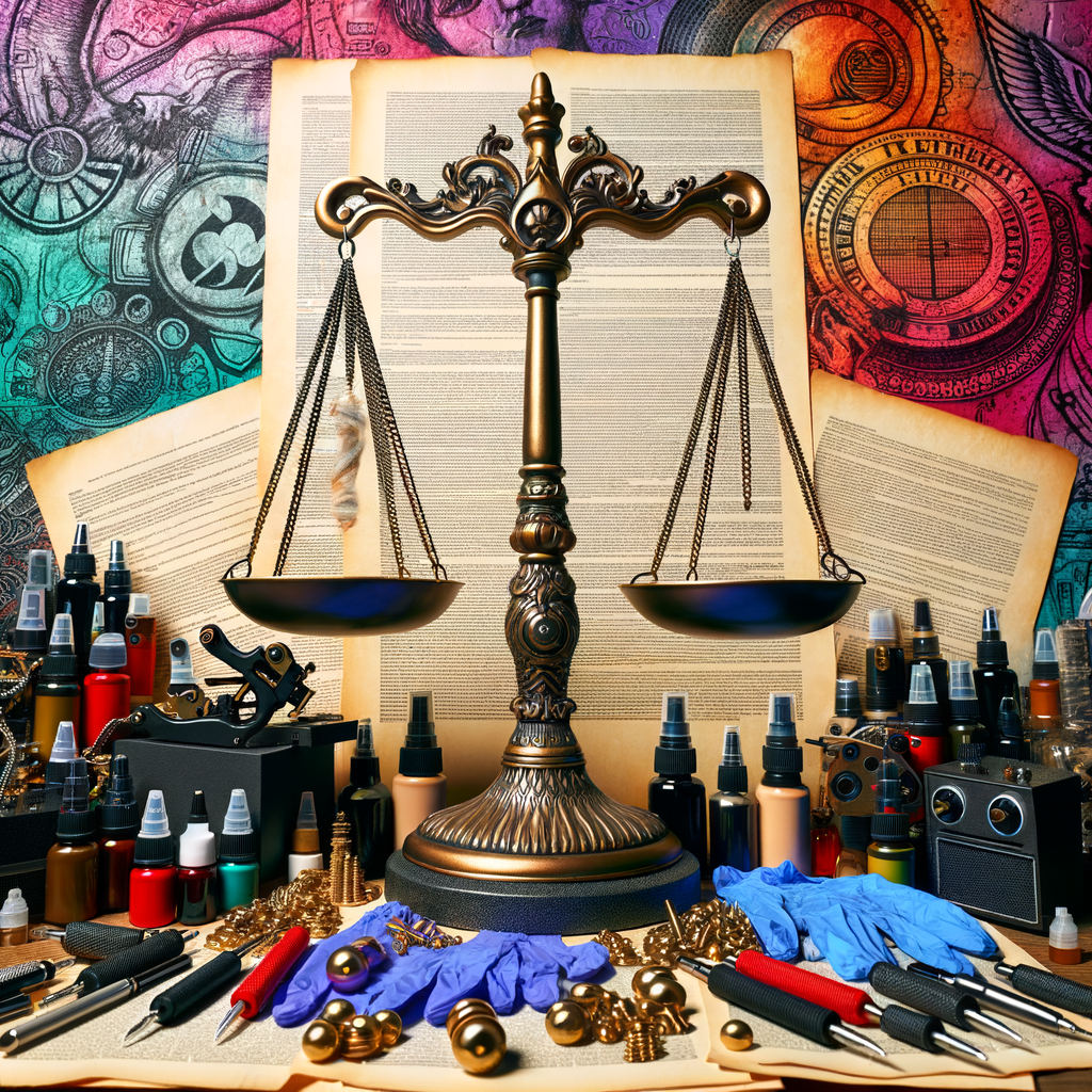 Balanced scale of justice among tattooing equipment, highlighting tattooing laws, legal aspects, industry regulations, artist requirements, and parlor guidelines for understanding the legal side of body art.
