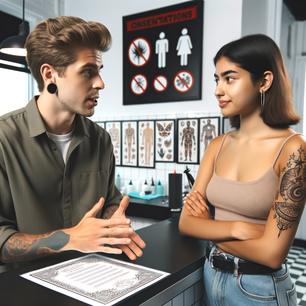 Tattoo artist explaining studio etiquette and rules to attentive client, highlighting the importance of respect and proper conduct in a tattoo shop, with 'Dos and Don'ts' signboard in the background.