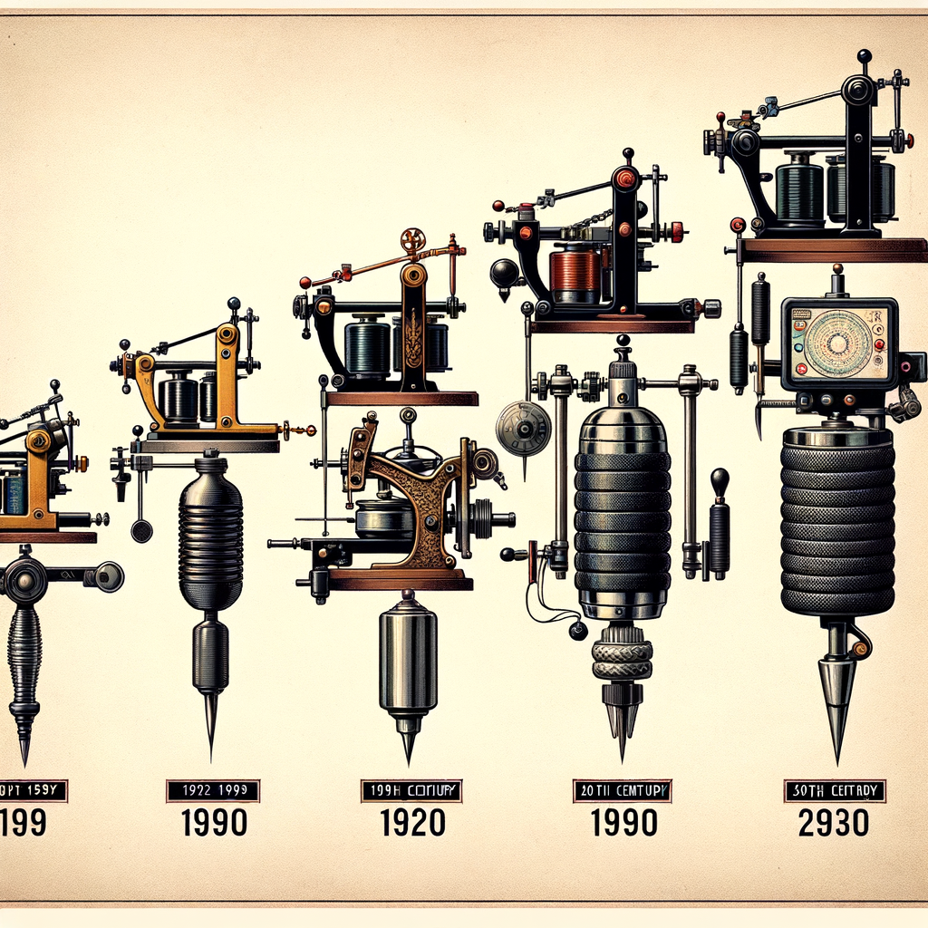 Infographic depicting Tattoo Machine History, highlighting Evolution of Tattooing from Edison Tattoo Machine to Modern Digital Tattoo Machines, showcasing Tattoo Technology Advancements and the progression in the History of Tattoo Equipment and Evolution of Tattoo Art.