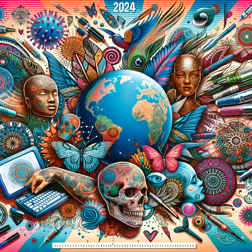 Vibrant collage of 2024 Tattoo Trends, showcasing New Tattoo Styles 2024, Latest Tattoo Designs, and Tattoo Art Innovations for Tattoo World Updates and Tattoo Industry Trends 2024 article.