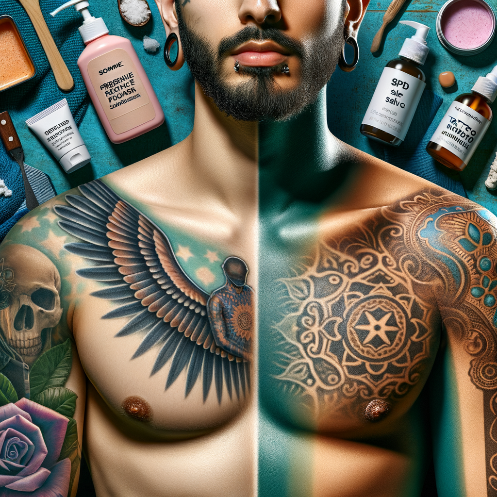 Comparison of tattoo lifespan showcasing a vibrant, long-lasting tattoo and faded tattoo before and after touch-up, with tattoo aftercare products and tattoo preservation tips in the background.