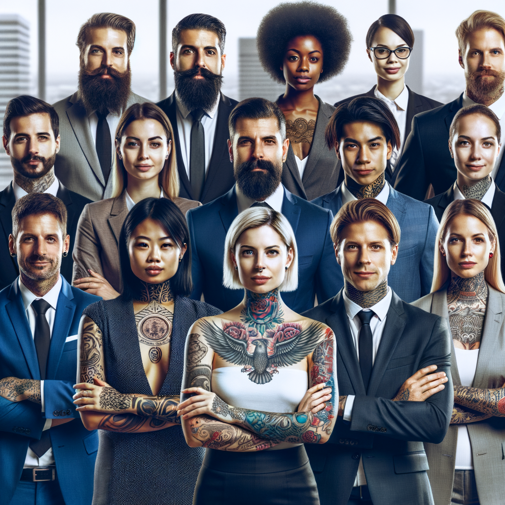 Diverse corporate professionals displaying professional tattoos in a modern office, illustrating the impact of corporate tattoo policies and acceptance of tattoos in the workplace