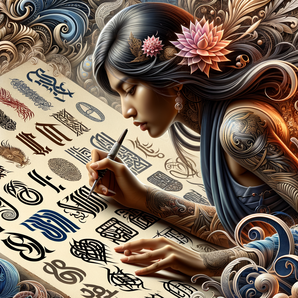 Tattoo artist creating a calligraphy tattoo, showcasing various tattoo lettering styles, tattoo fonts, and the art of tattoo lettering with a tattoo lettering guide, demonstrating tattoo script styles, tattoo typography, and custom tattoo font design.