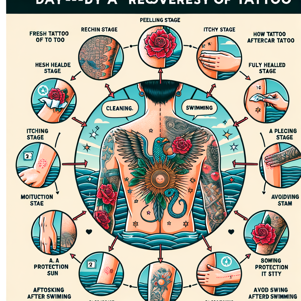 Infographic showing the day-by-day tattoo healing process, tattoo recovery tips, healing stages of a tattoo, and proper tattoo healing timeline for effective tattoo aftercare and caring for a new tattoo.
