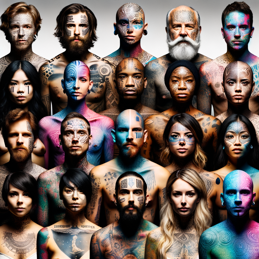 Diverse group showcasing their unique tattoos, symbolizing personal transformation, identity change, and self-expression through body art, highlighting the impact of tattoos on personal development and individual transformation.
