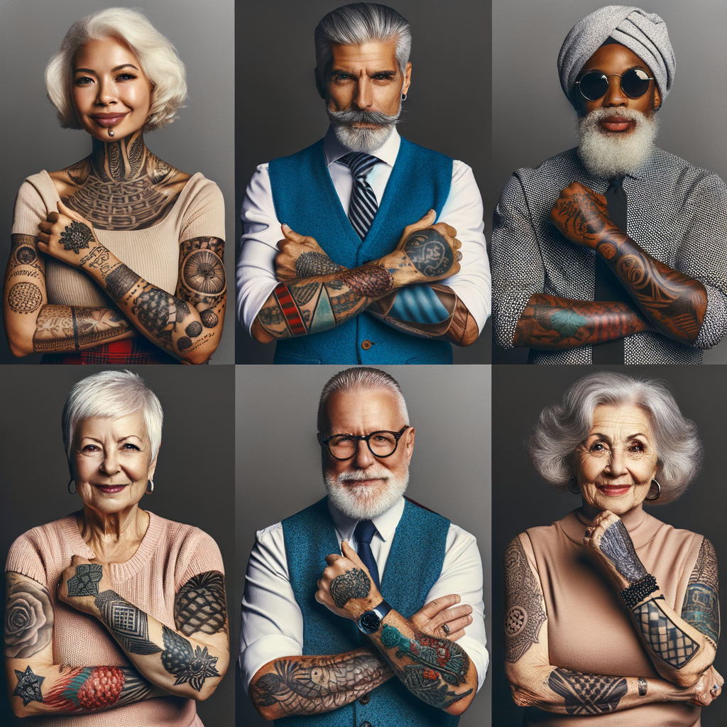 Stylish senior citizens displaying their unique tattoos, highlighting the rising trend of elderly tattooing, tattoo acceptance in seniors, and the intersection of aging and tattoos.