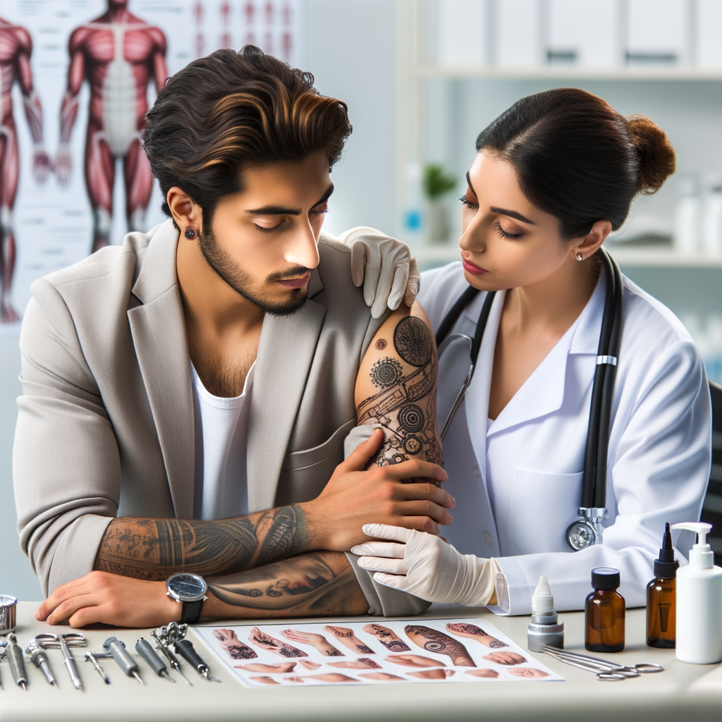 Dermatologist discussing tattoo skin health, tattoo health risks, and tattoo aftercare procedures with patient, with dermatology tools, skin care product for tattoos, and tattoo healing process chart in background.