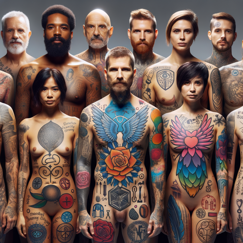 Diverse group showcasing healing symbolism in tattoos, demonstrating personal growth and emotional recovery through tattoos, highlighting tattoos as therapy for mental health and personal expression.