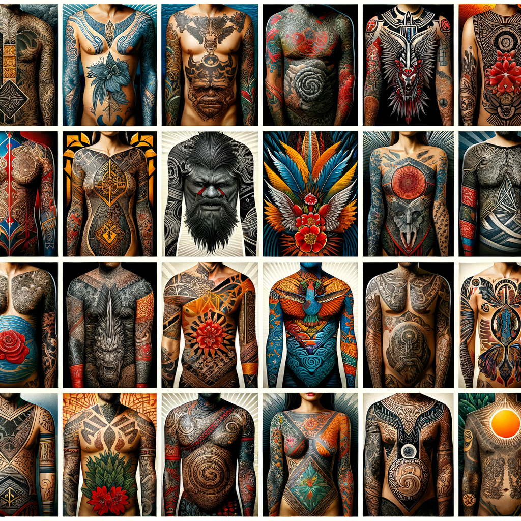 Vibrant collage of global tattoo styles illustrating cross-cultural tattoo art influences, showcasing diverse cultural tattoo designs and traditions from around the world, reflecting the rich history of tattoo art and culture.