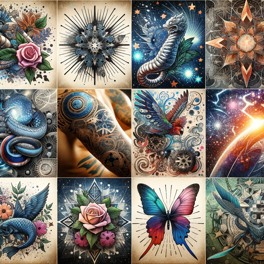 Collage showcasing the symbolism of tattoos in literature, representing a variety of literary works and their deep meanings, highlighting tattoo imagery and interpretation in books.