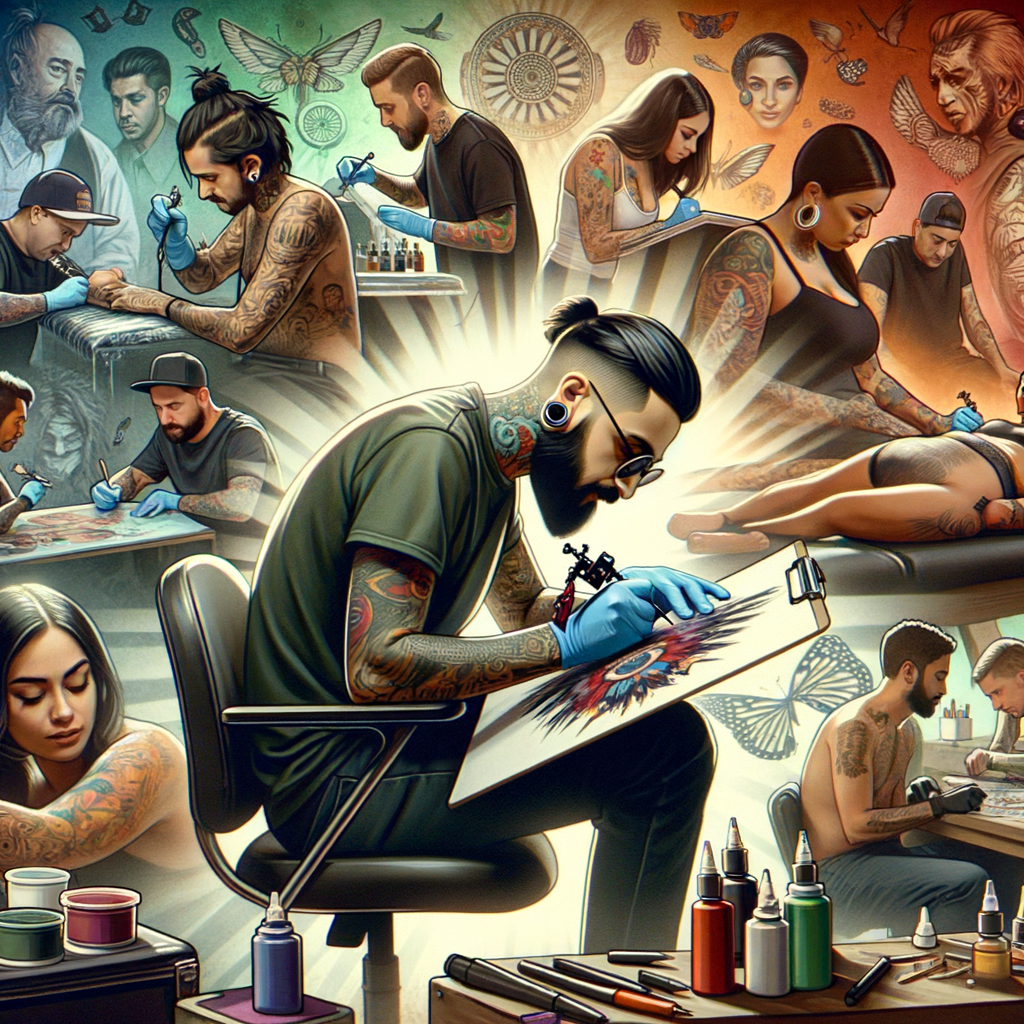 Collage of iconic scenes from Tattoo Reality Shows and diverse tattoo artists at work, illustrating the Impact of Tattoo Shows on Tattoo Industry Perception and trends, and the shift in public's Perception of Tattoo Artists due to the Influence of Tattoo Reality TV.