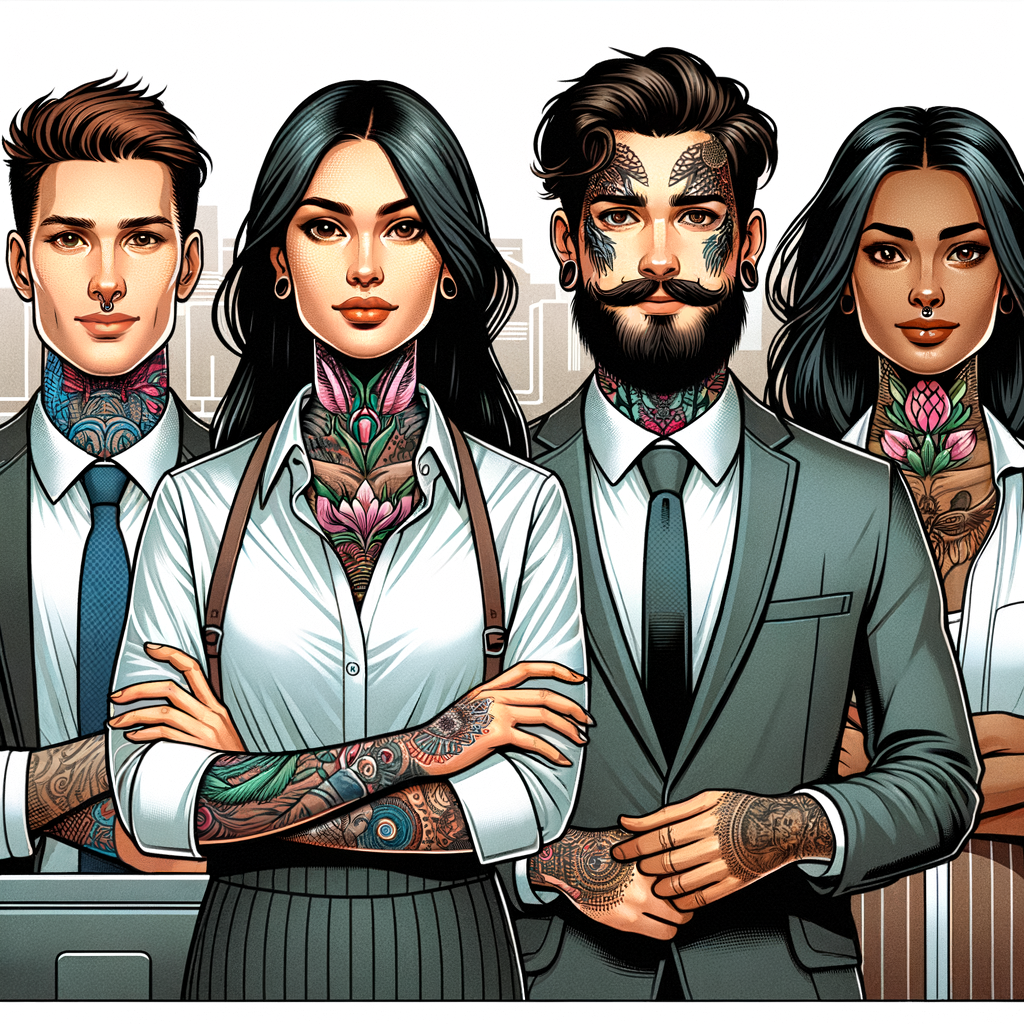 Diverse professionals with tattoos challenging societal stereotypes in a corporate setting, reflecting changing tattoo perceptions and breaking tattoo taboos, signifying growing tattoo acceptance and diminishing tattoo discrimination.