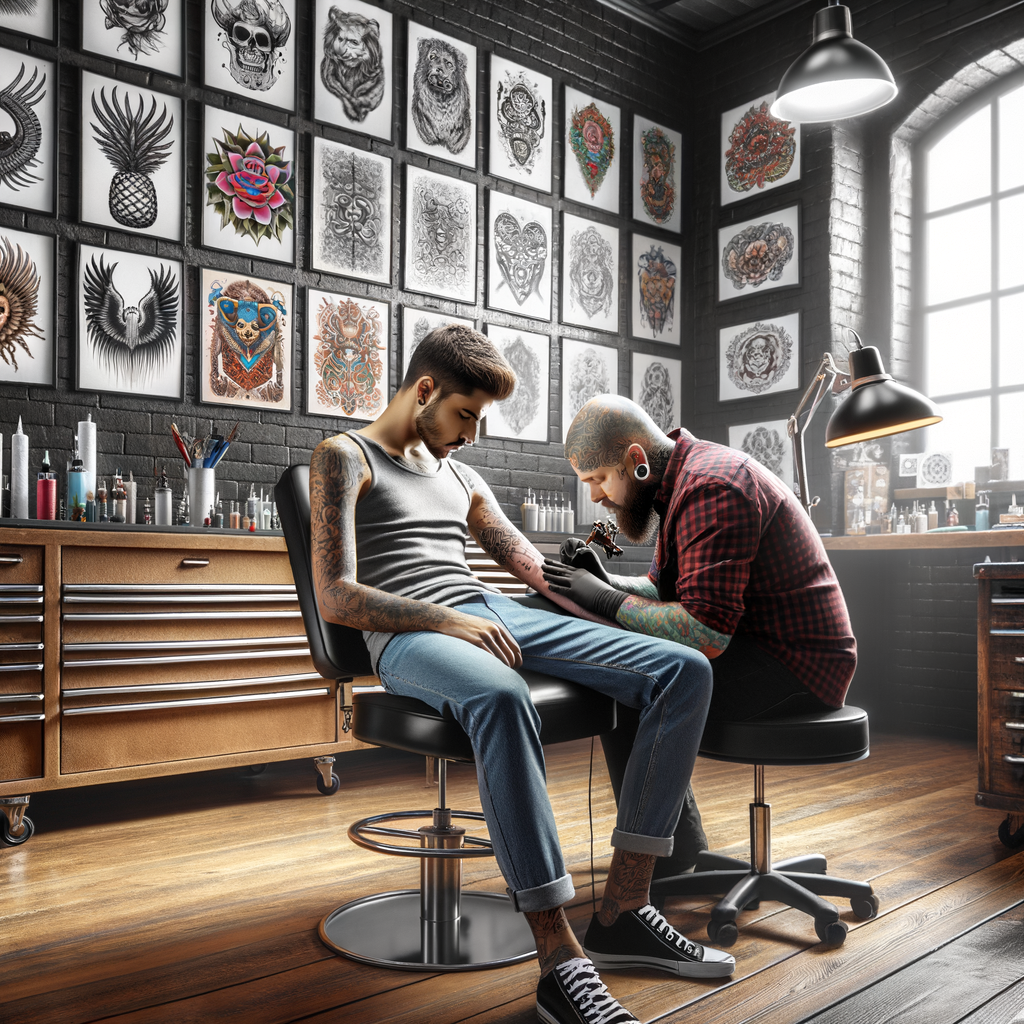 Choosing the right tattoo studio and artist, a focused tattoo artist working in a clean professional studio, showcasing a variety of designs, embodying the essence of a comprehensive tattoo studio guide.