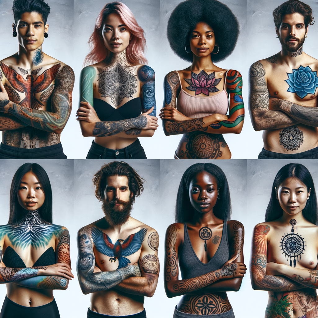 Diverse group expressing self-love and identity through therapeutic tattoos, symbolizing the benefits of tattoo therapy for emotional healing and mental health.