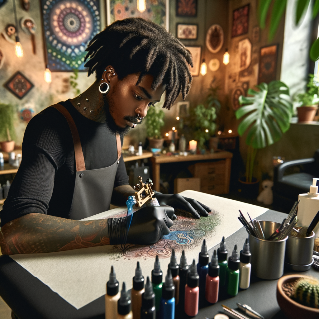 Eco-friendly tattoo artist applying a vibrant design with organic tattoo inks in a sustainable tattoo studio, showcasing green tattooing techniques and the growth of environmentally friendly tattoos in the tattoo industry.