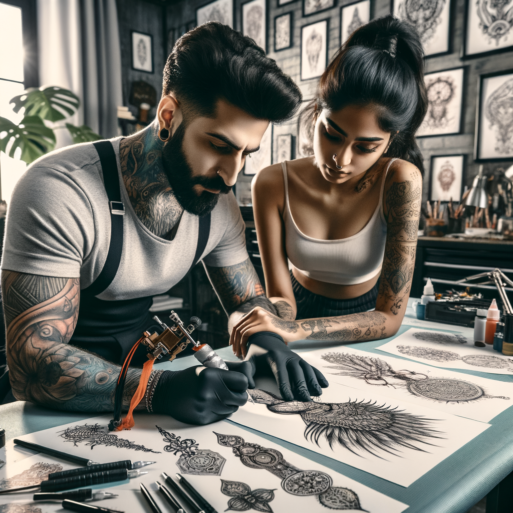 Tattoo artist collaborating with client on custom tattoo design, showcasing unique tattoo ideas and personalized tattoos in the tattoo design process