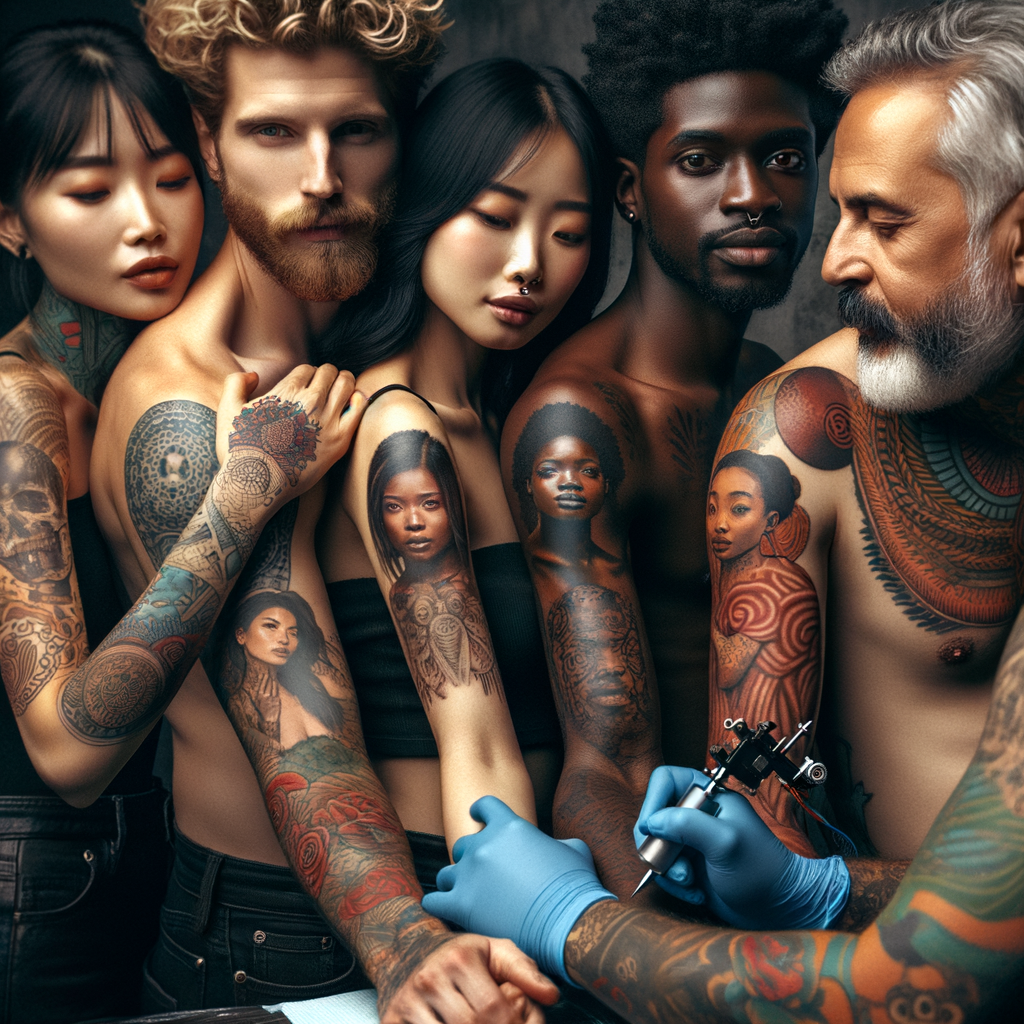 Diverse group showcasing collaborative tattoos, couple with matching tattoos, and tattoo artist creating shared tattoo design, highlighting the art of tattoo collaboration, partner tattoos, and friendship tattoos.