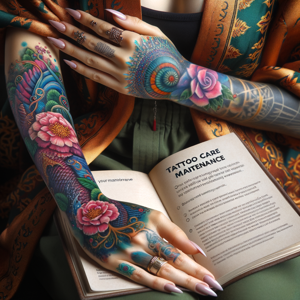Person showcasing long-lasting watercolor tattoo on forearm and holding a tattoo maintenance guide, emphasizing the importance of watercolor tattoo care for longevity and preservation.