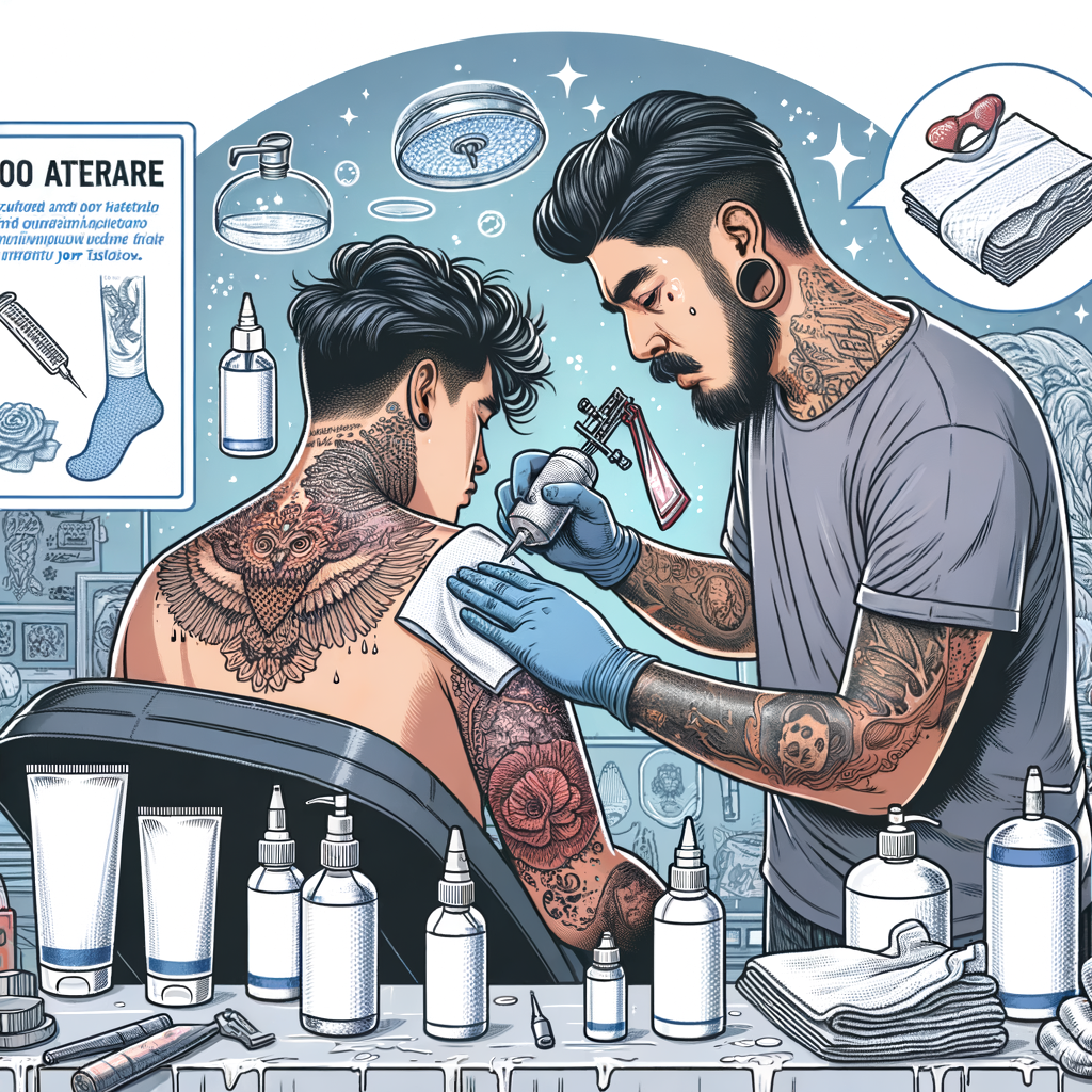 Tattoo artist demonstrating the tattoo healing process by applying tattoo aftercare products on new ink, showcasing tattoo maintenance and protection in a clean workspace with a tattoo aftercare guide for comprehensive tattoo care tips.