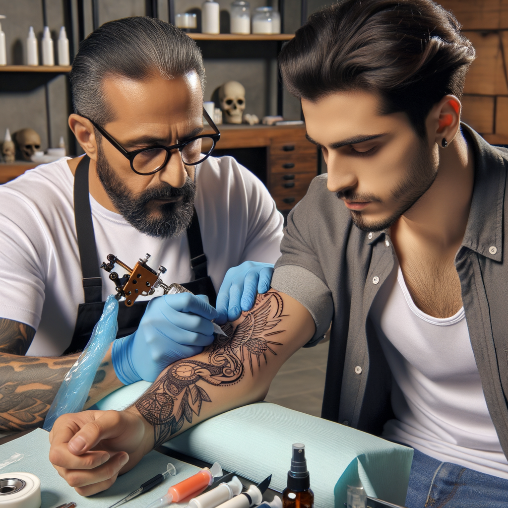 Tattoo artist applying tattoo on relaxed client using tattoo pain relief tools, demonstrating tattoo pain management advice and techniques for less painful tattoos.
