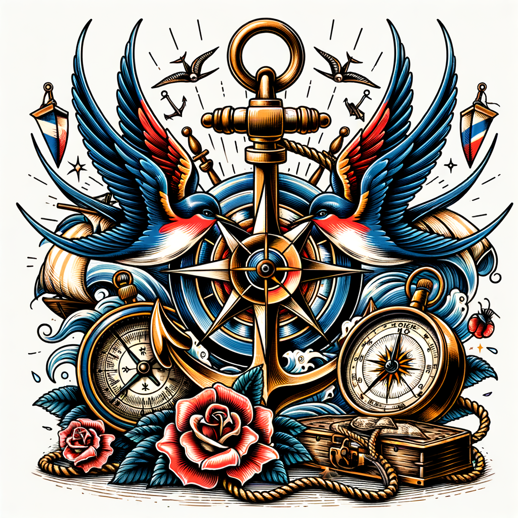 Vibrant illustration of traditional sailor tattoos, showcasing the history and significance of nautical tattoos in maritime cultures and the origins of these tattoo practices.