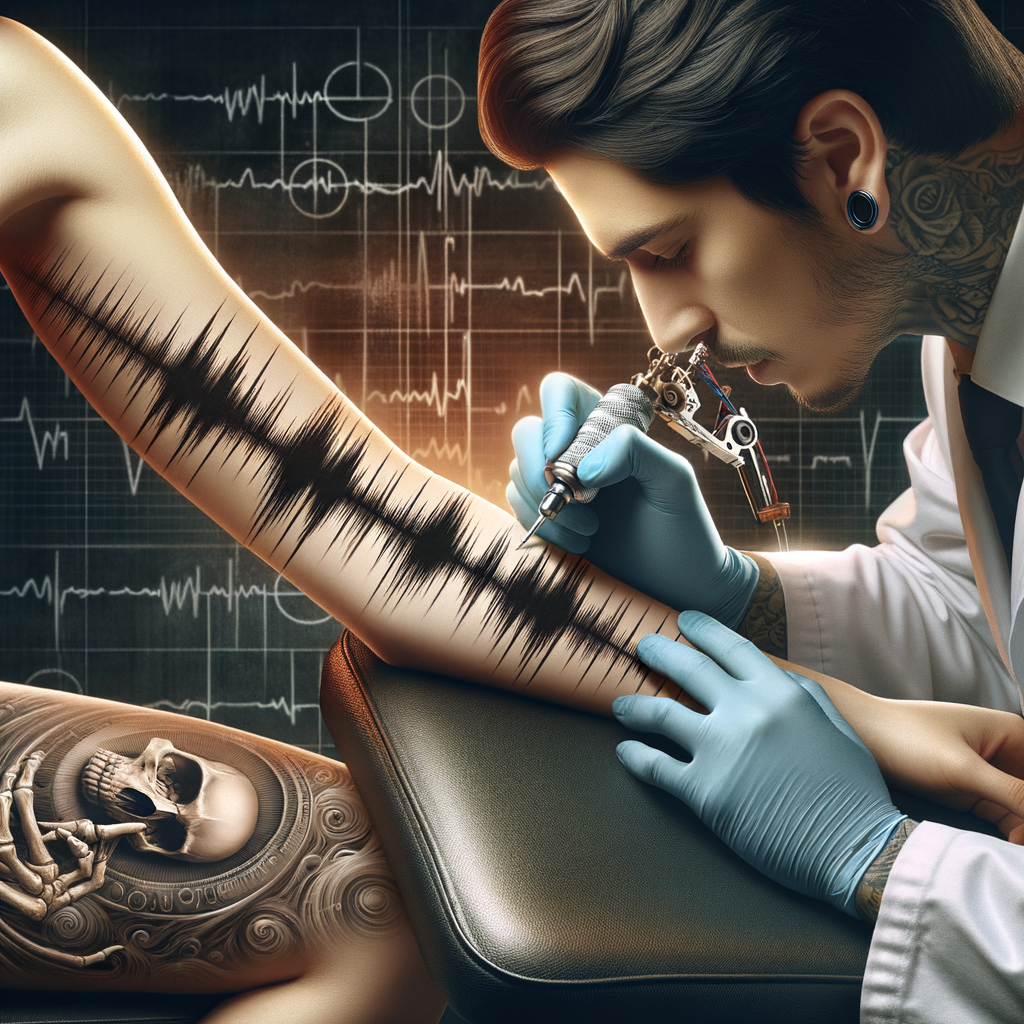 Artist creating a cutting-edge Soundwave Tattoo on a client's forearm, demonstrating new era in tattooing techniques and innovative tattoo designs, signifying the future of tattooing and evolution of tattoos with modern methods and technology.
