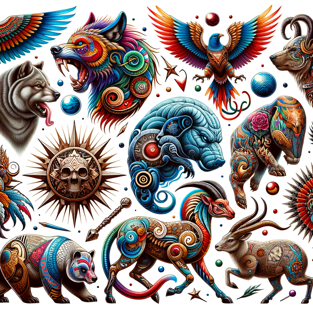 Collection of intricate animal tattoo designs, showcasing the cultural significance and symbolism in animal motifs in body art, interpreting the meaning behind animal tattoos.