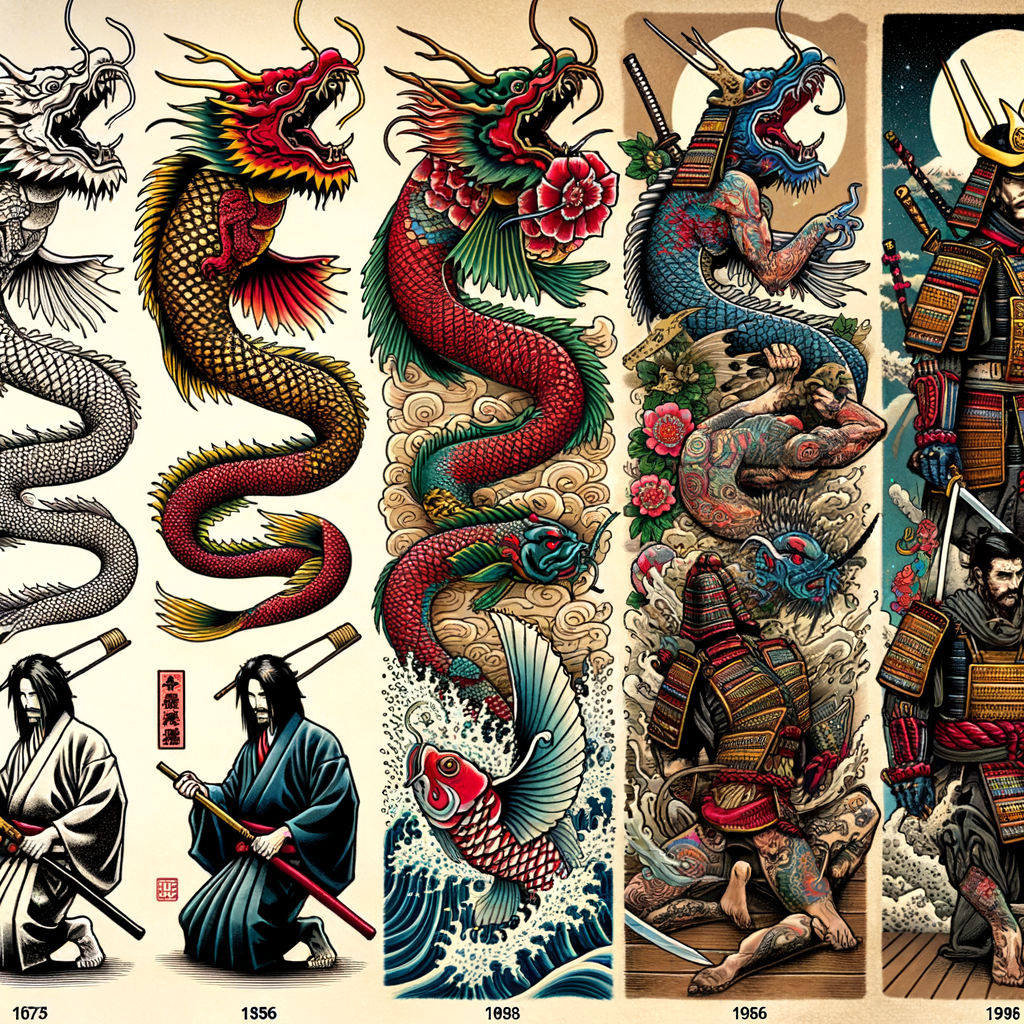 Montage illustrating the evolution of Japanese Irezumi tattoos, highlighting traditional Japanese tattoo art and modern Irezumi tattoo designs, reflecting the rich history and culture of Japanese tattoo evolution.