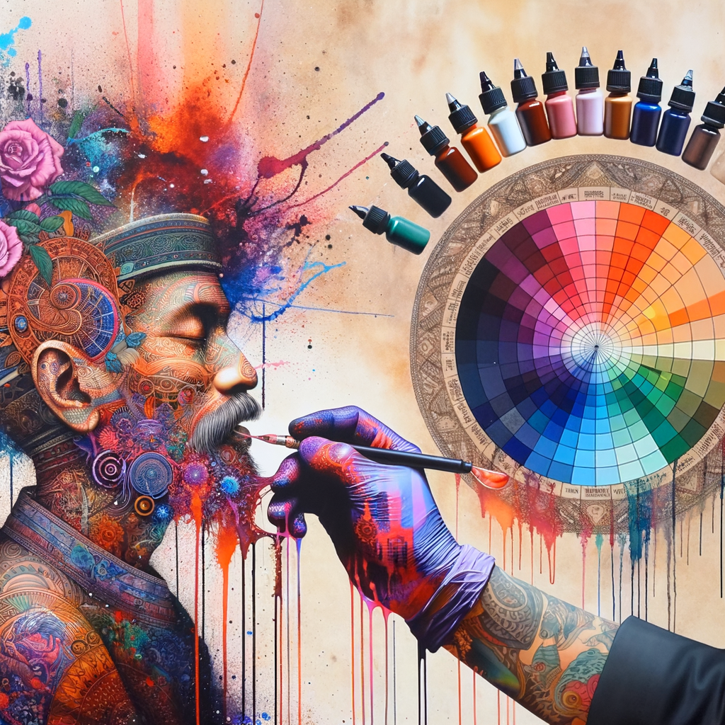 Tattoo artist applying vibrant colors to a design, demonstrating the significance of color theory in tattoo art, with a color wheel and tattoo ink bottles symbolizing the importance of color usage in tattoos.