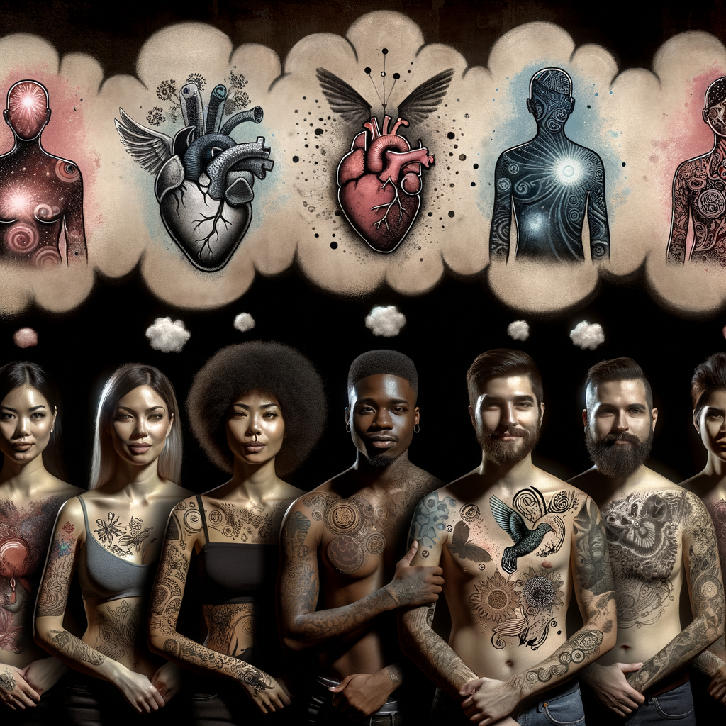 Diverse group of individuals showcasing their unique tattoos with thought bubbles explaining the psychological reasons, emphasizing the emotional significance, self-expression, and identity associated with the psychology behind tattoos.