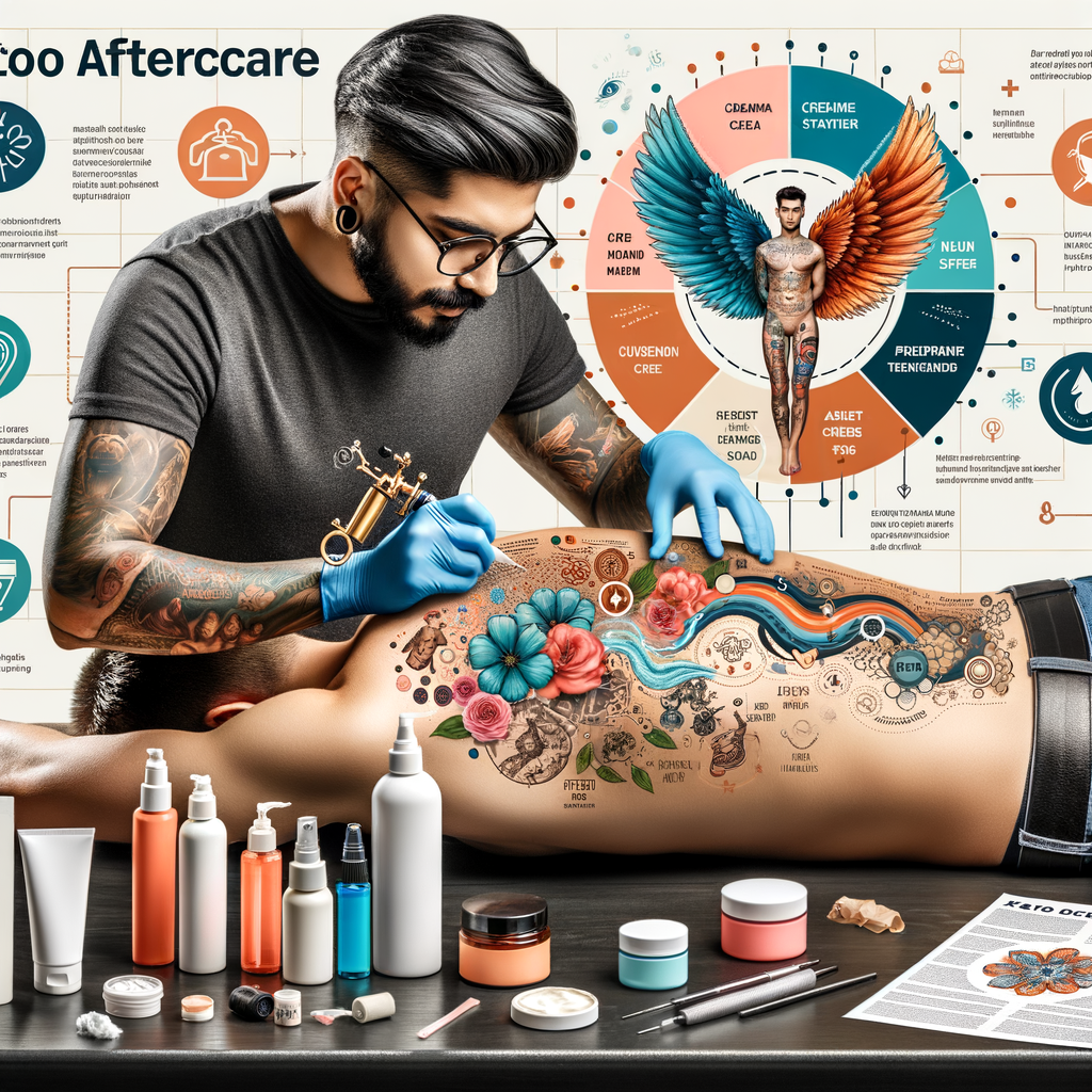 Tattoo artist demonstrating proper tattoo care tips with tattoo aftercare products, infographic explaining tattoo healing stages and the importance of tattoo aftercare for a new tattoo's healing process.