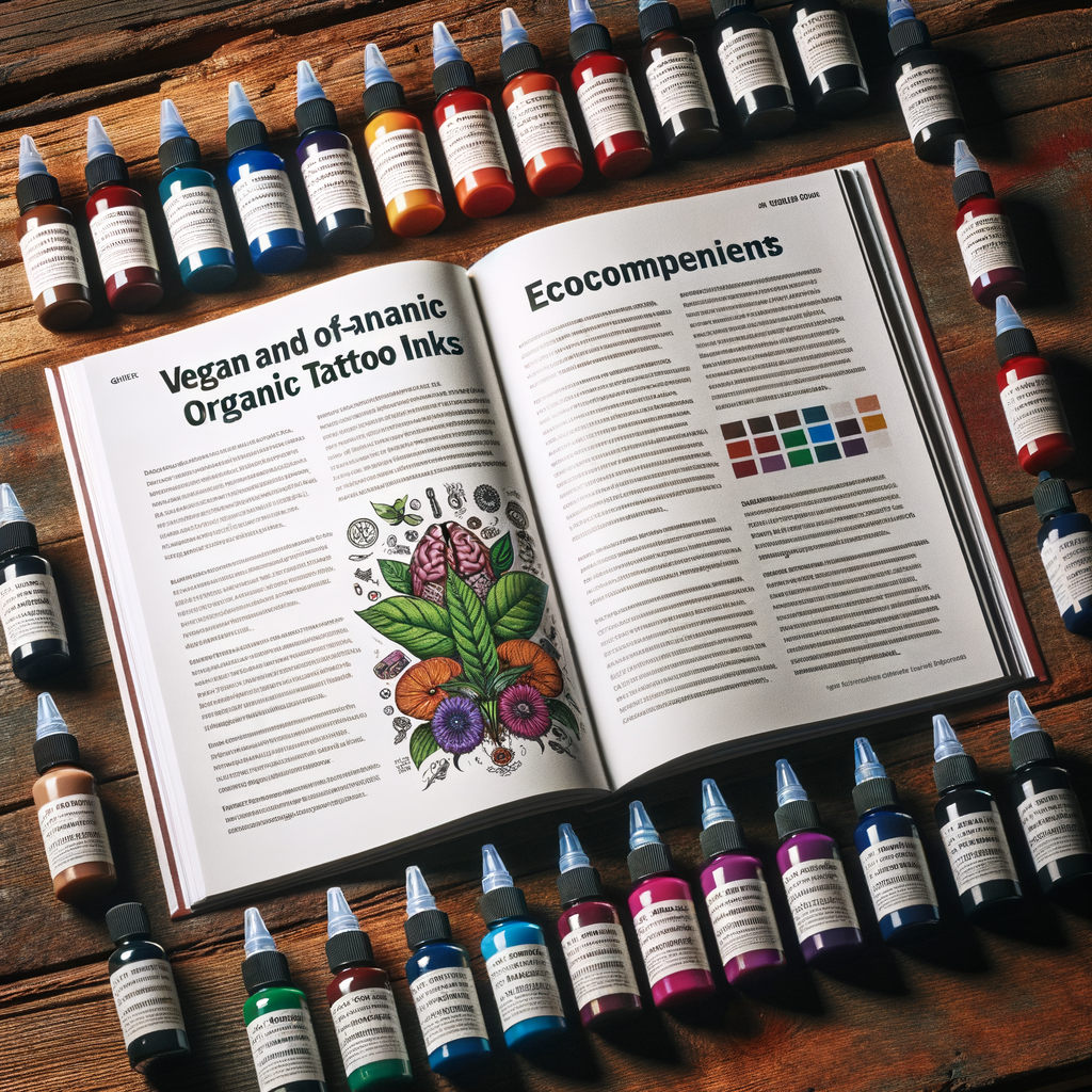 Open guidebook on vegan tattoo inks and organic tattoo inks benefits, surrounded by natural, eco-friendly tattoo inks on a wooden table for understanding and choosing vegan and organic inks.