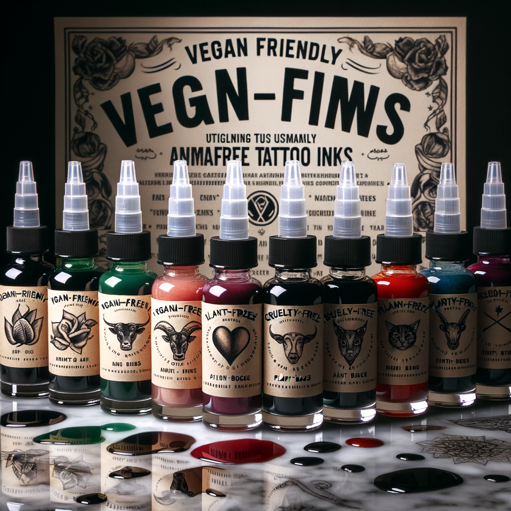 Vibrant vegan tattoo inks in glass bottles, showcasing the benefits of plant-based, cruelty-free inks without animal products, and highlighting popular vegan tattoo ink brands and their natural ingredients.