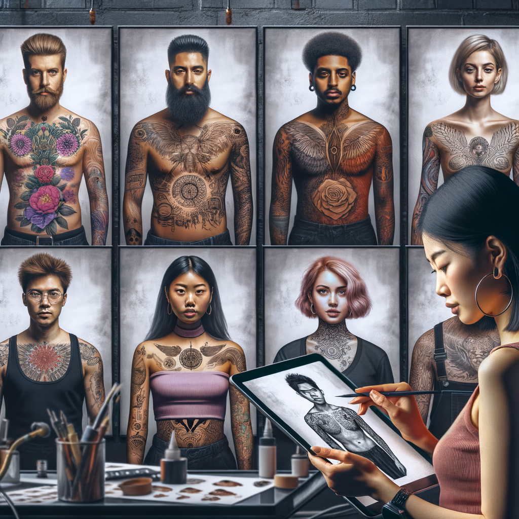 Diverse group of professional tattoo artists showcasing unique styles, customer reviewing tattoo artist recommendations on tablet, illustrating tattoo artist search and selection process for custom design