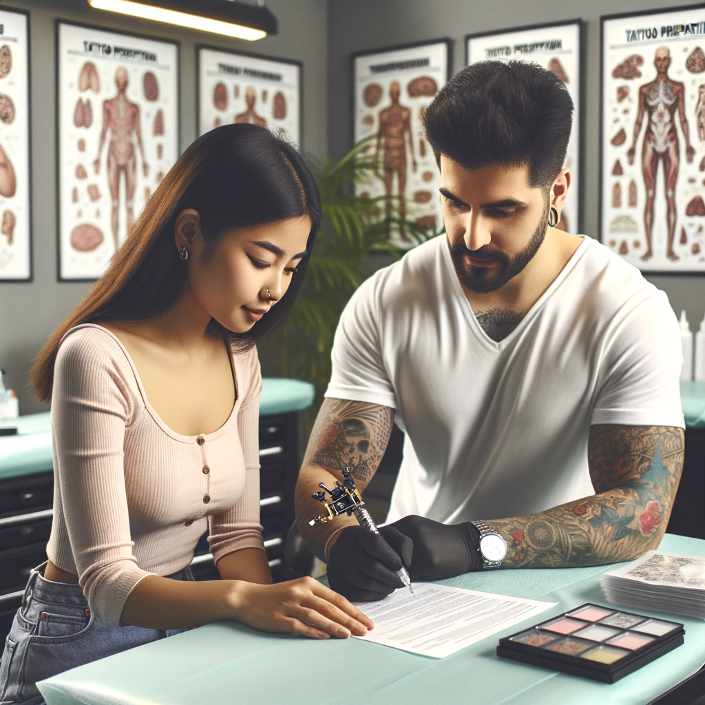 Tattoo artist explaining first-time tattoo tips and procedures, preparing a client for their first tattoo appointment using a tattoo preparation checklist, in a studio filled with guides and posters offering essential tattoo information for beginners.